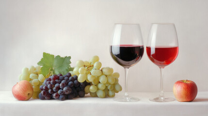 Fototapeta premium Red and white wine glasses paired with fresh grapes and apples on a white tablecloth