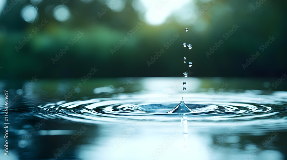 Poster water droplets create ripples in calm water with nature background and splashing effect with liquid 