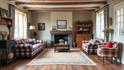 Farmhouse-inspired cottage living room with exposed wooden skirting boards, plaid furniture, and vintage charm for a down-to-earth and welcoming space