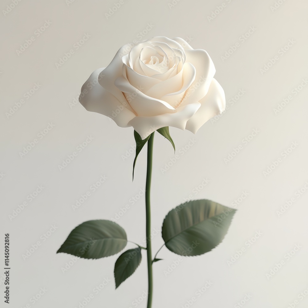 Poster a single white rose rendered in 3d with smooth textures and delicate light reflections, isolated on 