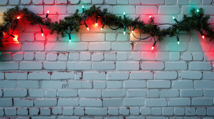 White brick wall with red and green festive string lights