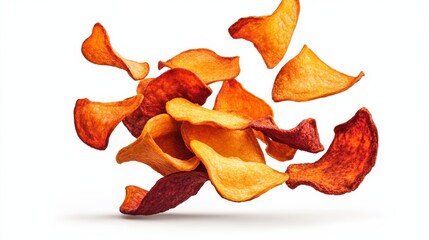 Pile of potato chips with a white background. The chips are orange and red and are scattered in the air