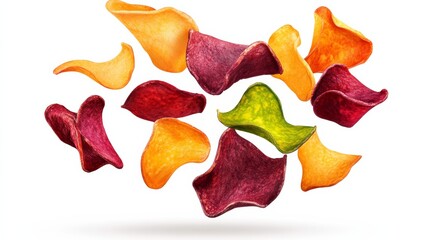 Pile of potato chips with a white background. The chips are orange and red and are scattered in the air