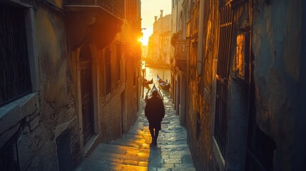 Fototapeta premium Gondola Gondolier Walks Venetian Sunset Canal Street