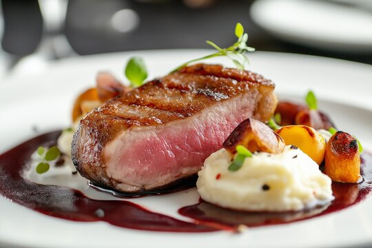  Magret de Canard with red wine sauce, roasted vegetables, mashed potatoes