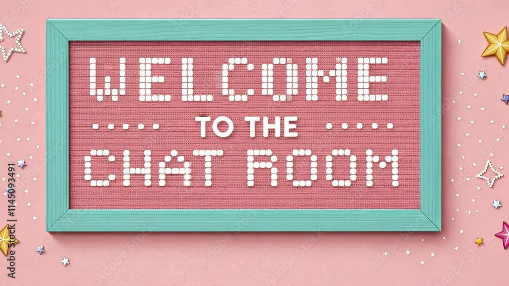 Poster bright background with block text a pixelated bulletin board soaked in pastel pink featuring blocky 