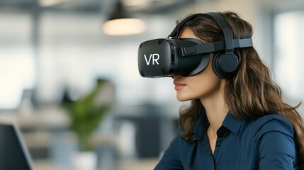 Professional woman in a corporate office wearing a black VR headset symbolizing advanced digital collaboration and immersive virtual reality for business applications