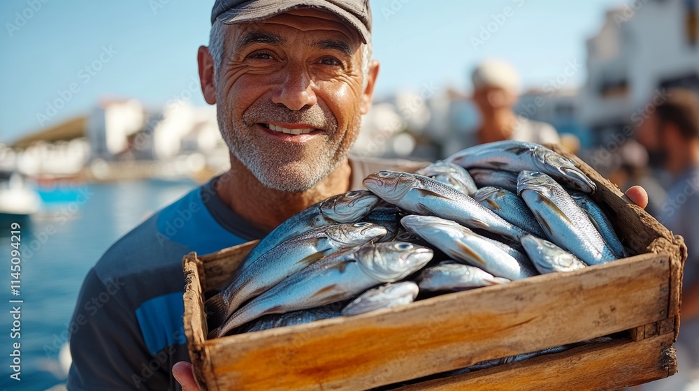 Poster man is holding a crate full of fish. he is smiling and he is happy. the fish are in various sizes an