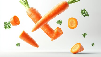 Carrot is flying through the air with other carrots and parsley. Concept of freshness and vitality, as the carrots are depicted in motion and surrounded by green herbs