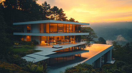 modern glass mansion overlooking a forested valley at sunrise, reflections of golden light on its sleek surfaces