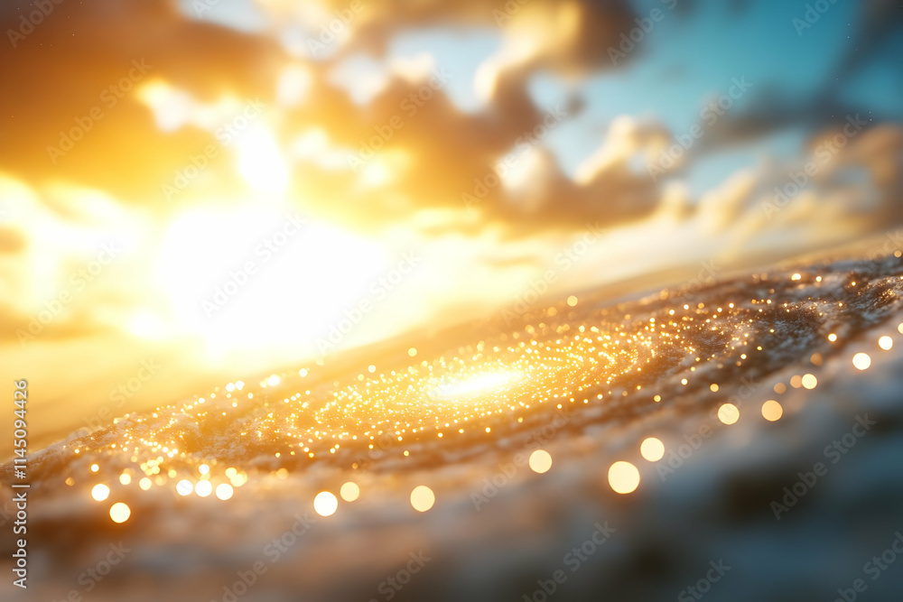 Poster golden light shines across a surface with bright bokeh and clouds at sunset with golden hour theme.