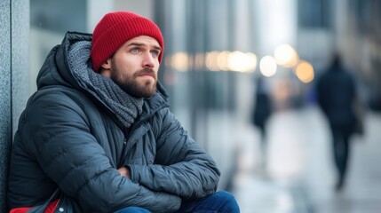 Young man with beard in red beanie sitting on street showing thoughtful expression on winter day