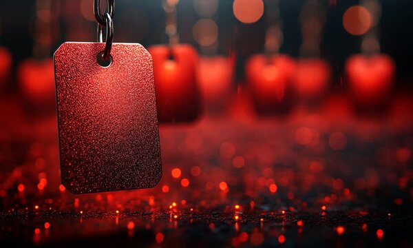 A close-up of a textured red tag with blurred red objects in the background, creating a festive atmosphere.