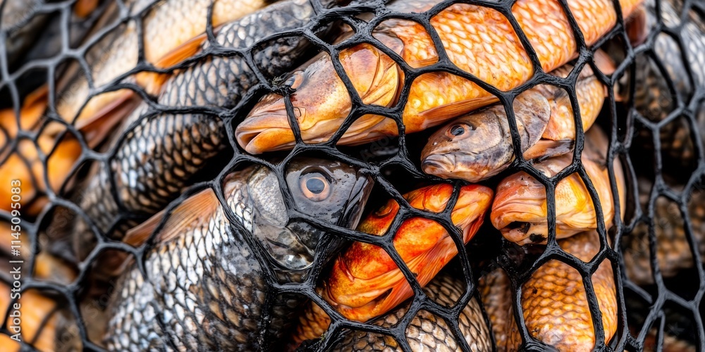 Wall mural net full of fish with some of them being orange. the fish are in a net and are not in the water