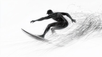 Silhouette of surfer riding a wave, dynamic action pose, artistic sketch style.
