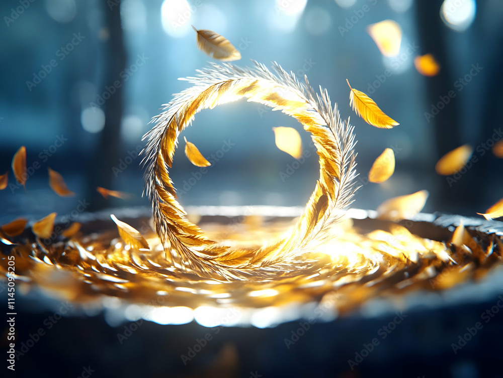 Poster golden feather circle floats gently above rippling water surface in a forest setting with falling fe