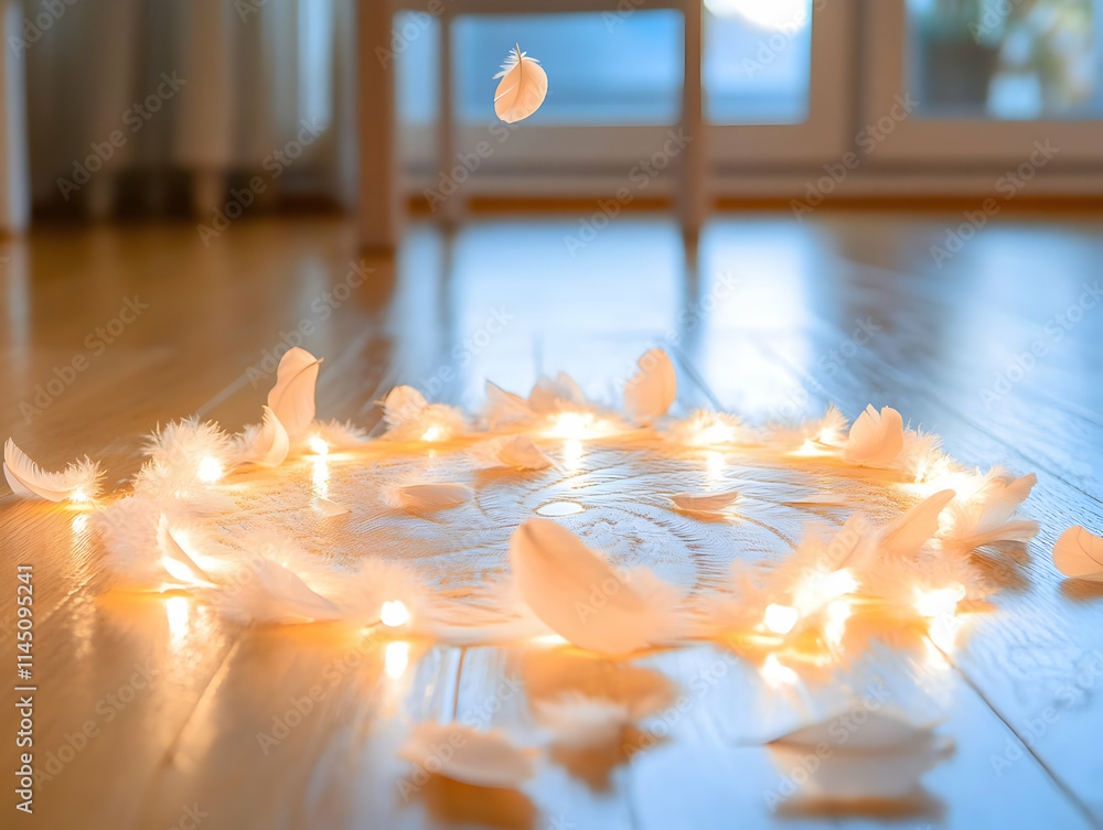 Poster feathers and fairy lights create a magical circle on the floor with soft lighting and dreamy atmosph