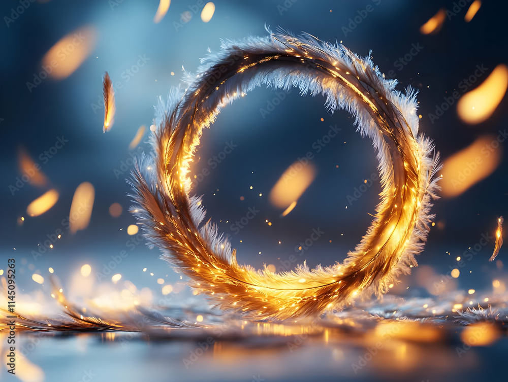 Poster Feathers Forms a Circle with Golden Light Particles Floating Gently with Dreamlike Atmosphere and Magical Aura.