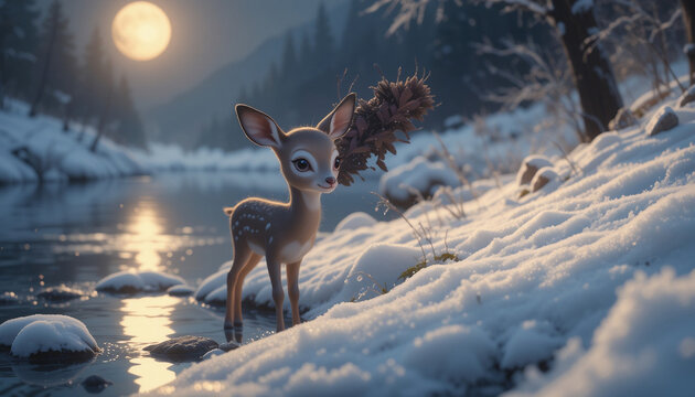 Tiny Baby Deer with Pink Eyes Reflecting Moonlight by a Snowy River