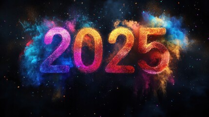 Colorful dust in the shape of "2025" with a colorful powder explosion on a black background 