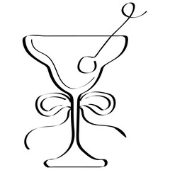 simple black and white icon of an original glass that looks like a bud of a flower and a berry in it, design for St. Valentine's Day