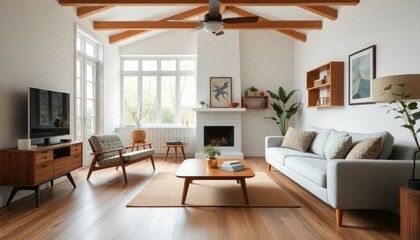 Fototapeta premium Mid-century modern cottage living room with angular skirting boards, retro furniture, and a minimalist layout that creates a stylish yet functional space
