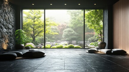 Fototapeta premium Serene Zen Garden with Large Windows Overlooking Autumn Forest and Meditation Space with Cushions and Tatami