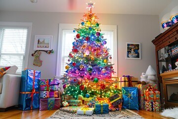 Beautifully decorated Christmas tree with sparkling ornaments and wrapped gifts below