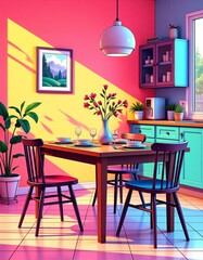 Obraz premium Whimsical Wooden Dining Table Minimal Kitchen Setting Vaporwave Illustration