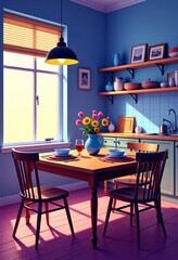 minimalist wooden dining table illustration with tableware and vase, vaporwave kitchen setting, side view, natural light, copy space for text