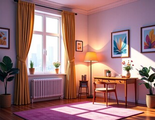 minimalist illustration of a bright, modern bedroom with beige curtains and a side lamp, vaporwave style, copy space for text