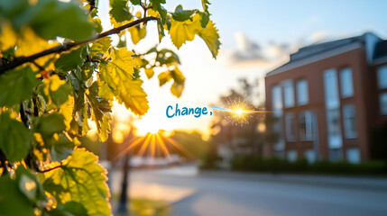 Obraz premium Green Leaves Capture Golden Hour Sunlight with Urban Blur Background with Seasonal Change Themes or New Beginning Themes.