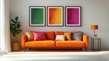 Fototapeta premium A modern living room featuring an orange sofa, colorful pillows, vibrant artwork, and a cozy ambiance. The space is well-lit with natural light and showcases an elegant, contemporary interior design.