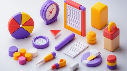 Colorful 3D rendered objects; clock, chart, checklist, pen, and other stationery items on white background.