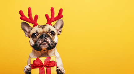 Happy Cute bulldog with red reindeer antlers and holding a gift box with a red ribbon in its paws on yellow background, and copy space for text, Christmas postcard, New Year's gift