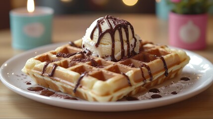 A delicious waffle with chocolate sauce and a scoop of vanilla ice cream served on a white plate