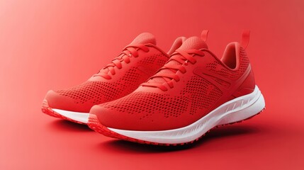 Red athletic shoes on a red background showcase modern design