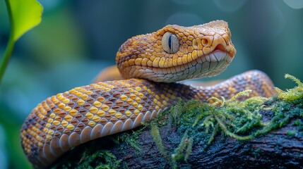 Obraz premium A dramatic image of a snake coiled around a tree branch