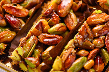 Sweet food Turkish delight, traditional food, crunchy pistachio bars, granola