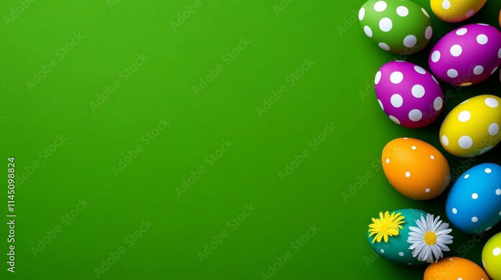 Poster Green background with a row of colorful eggs with white dots. The eggs are arranged in a row and are of different colors