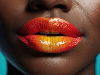 La boca de una hermosa mujer negra con maquillaje de lápiz labial vibrante fluorescente 