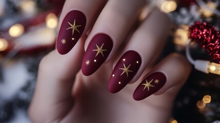 Metallic silver nails with frosty ice patterns
Matte white nails with delicate red holiday designs
Matte burgundy nails with gold star accents
Luxurious white and gold nails with intricate details
Icy
