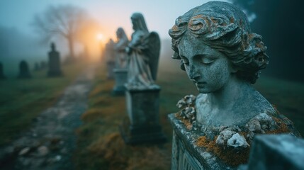 Fototapeta premium Weathered Angel Busts In A Foggy Cemetery