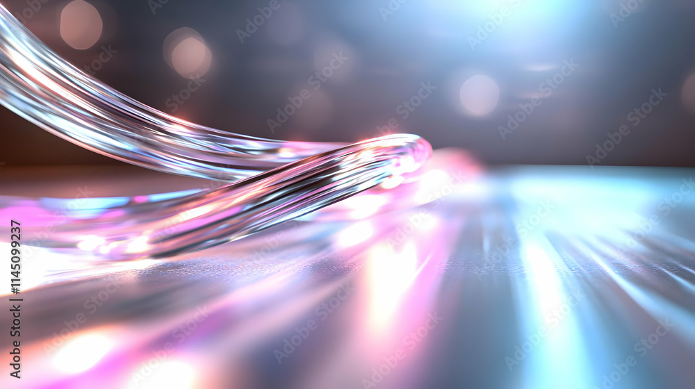 Poster abstract light trails flowing across surface with colorful reflections and digital art theme.