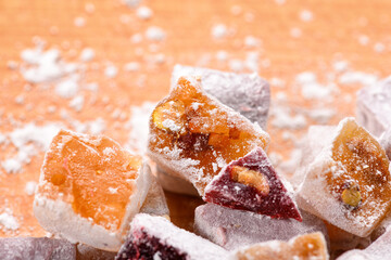 Sweet food Turkish delight, assorted rahat locum in form of cubes with nuts and powdered sugar, traditional food