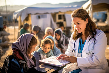 Woman doctor in a white coat assists young refugee children outdoors near a tented area. Concept of medical volunteers providing essential healthcare to Arabian refugee communities in crisis settings