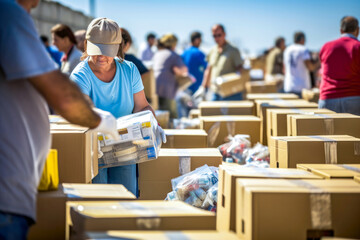 Group of volunteers is organizing packages boxes for refugees against a backdrop of a bright blue sky. Concept of social initiative, community support through humanitarian efforts for those in need