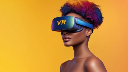 Woman with multicolored afro hair using a sleek VR headset against a striking gradient background blending dynamic aesthetics immersive AR innovation and futuristic lifestyle technology