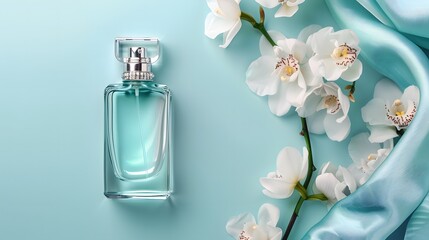 Transparent perfume bottle with white orchids and flowing silk fabric on a light blue background, flat lay composition for beauty and elegance concepts.

