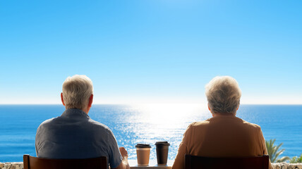 Relaxed retired couple enjoying coffee while admiring beautiful ocean view from coastal cafe